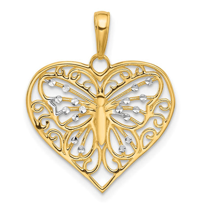 14K Yellow & Rhodium and White Rhodium D/c Butterfly Heart Pendant