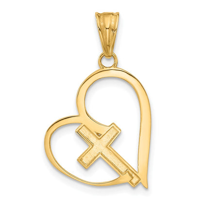 14K Yellow & Rhodium and White Rhodium Diamond-Cut Cross in Heart Pendant