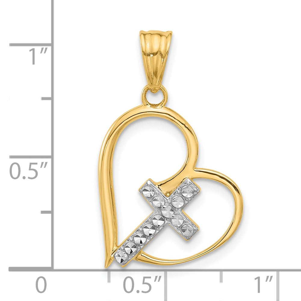 14K Yellow & Rhodium and White Rhodium Diamond-Cut Cross in Heart Pendant