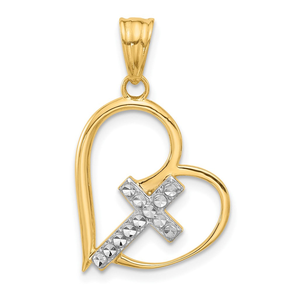 14K Yellow & Rhodium and White Rhodium Diamond-Cut Cross in Heart Pendant