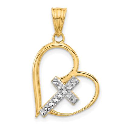 14K Yellow & Rhodium and White Rhodium Diamond-Cut Cross in Heart Pendant