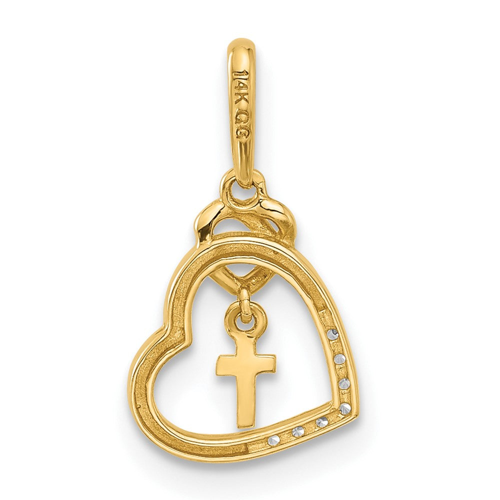 14K Yellow Gold Polished CZ Heart W/cross Dangle Pendant