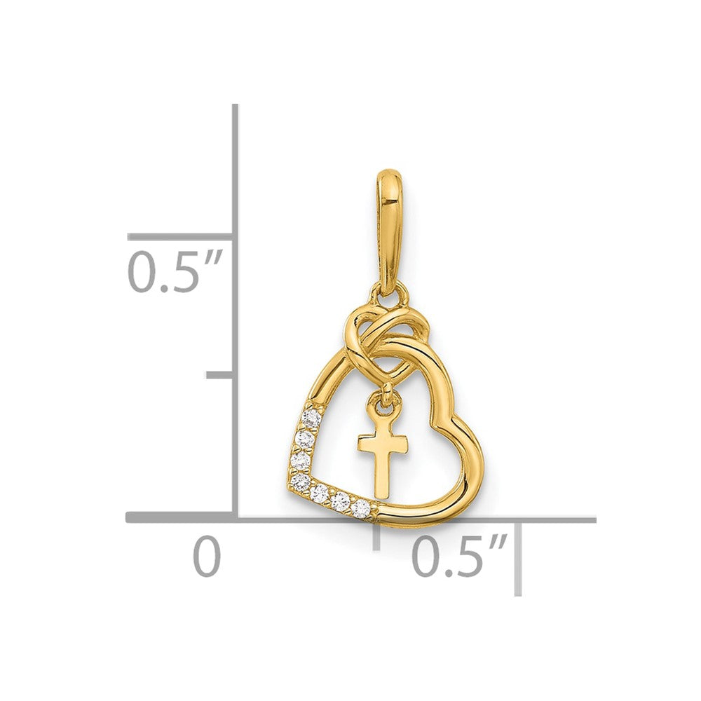 14K Yellow Gold Polished CZ Heart W/cross Dangle Pendant