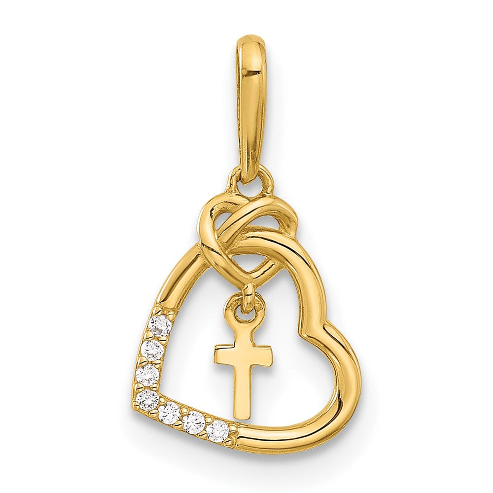 14K Yellow Gold Polished CZ Heart W/cross Dangle Pendant
