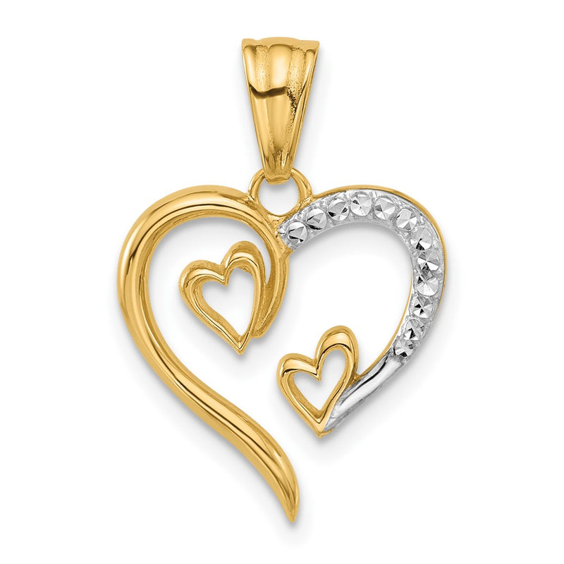 14K Yellow & Rhodium with White Rhodium Diamond-Cut Open Hearts Pendant