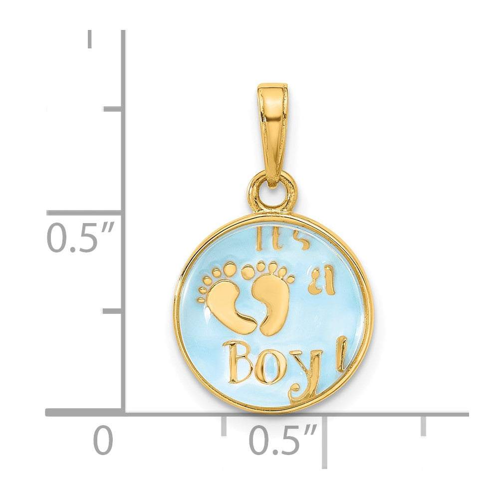 14K Yellow Gold Polished with Blue Enamel and Clear Epoxy Resin It's Boy Pendant