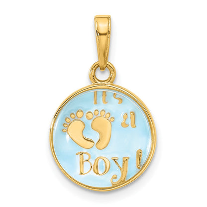 14K Yellow Gold Polished with Blue Enamel and Clear Epoxy Resin It's Boy Pendant