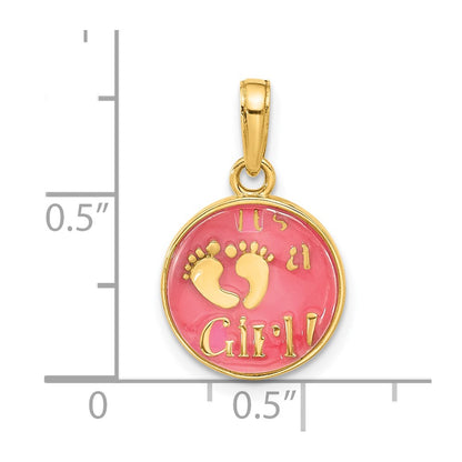 14K Yellow Gold Polished with Pink Enamel and Clear Epoxy Resin It's Girl Pendant
