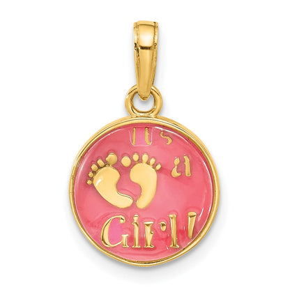 14K Yellow Gold Polished with Pink Enamel and Clear Epoxy Resin It's Girl Pendant