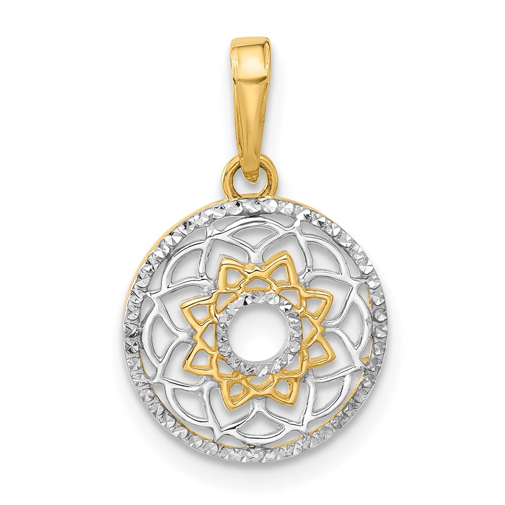 14K Yellow & Rhodium and White Rhodium Polished Floral Design Circle Pendant