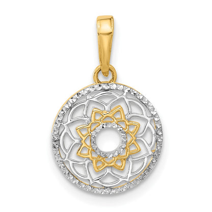14K Yellow & Rhodium and White Rhodium Polished Floral Design Circle Pendant