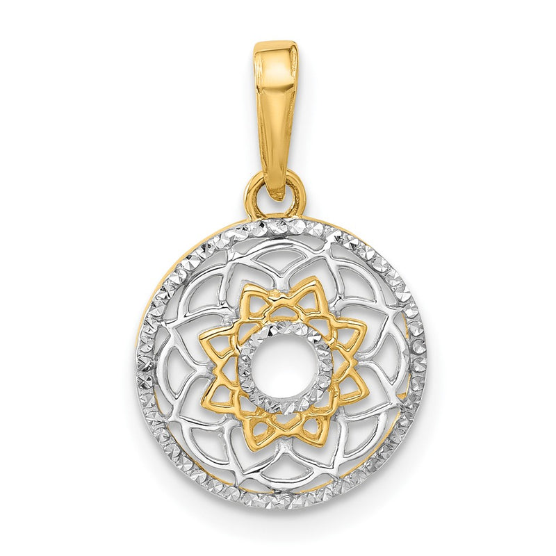 14K Yellow & Rhodium and White Rhodium Polished Floral Design Circle Pendant