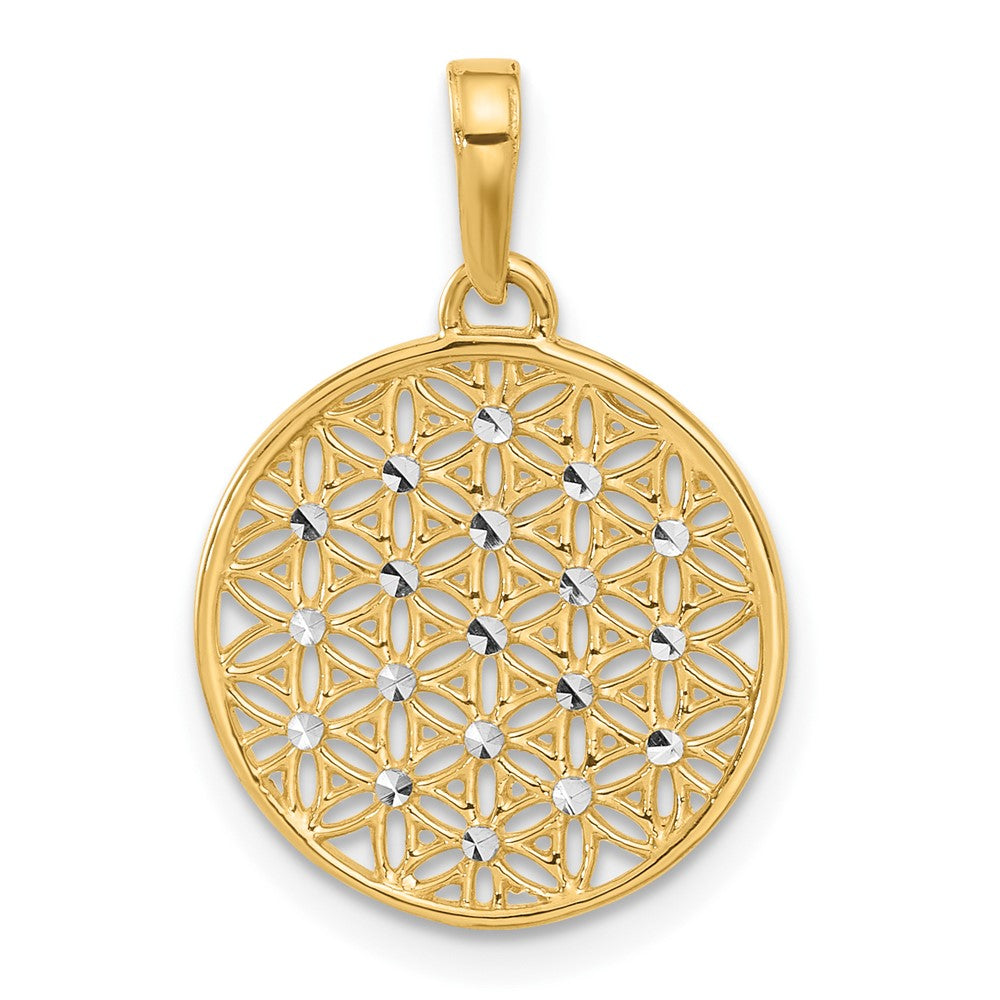 14K Yellow & Rhodium and Rhodium Polished and D/c Flower Circle Pendant