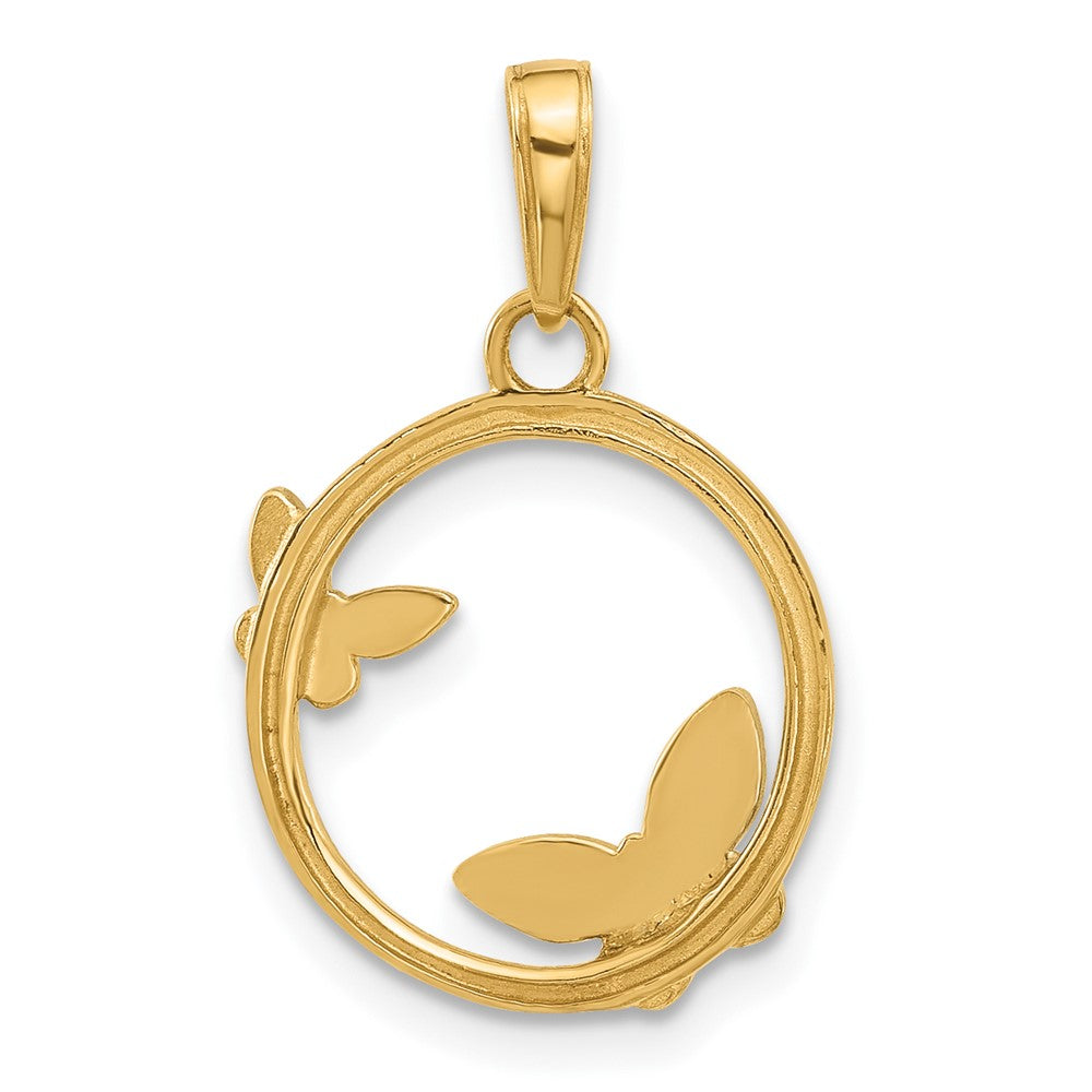 14K Yellow & Rhodium and White Rhodium D/c Butterflies on Circle Pendant