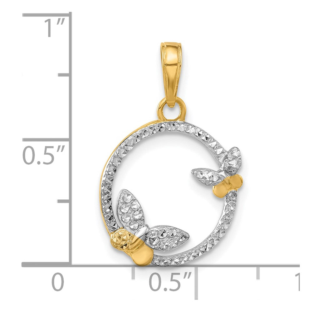 14K Yellow & Rhodium and White Rhodium D/c Butterflies on Circle Pendant