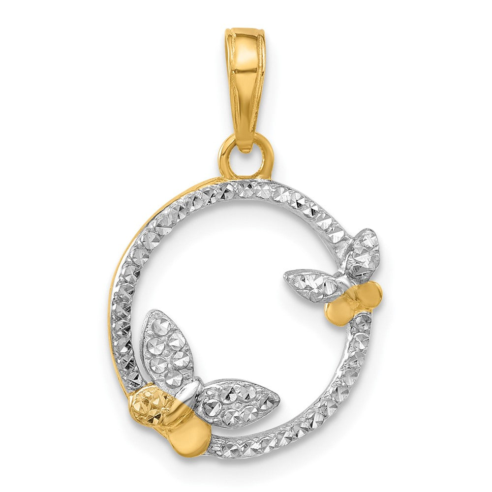14K Yellow & Rhodium and White Rhodium D/c Butterflies on Circle Pendant