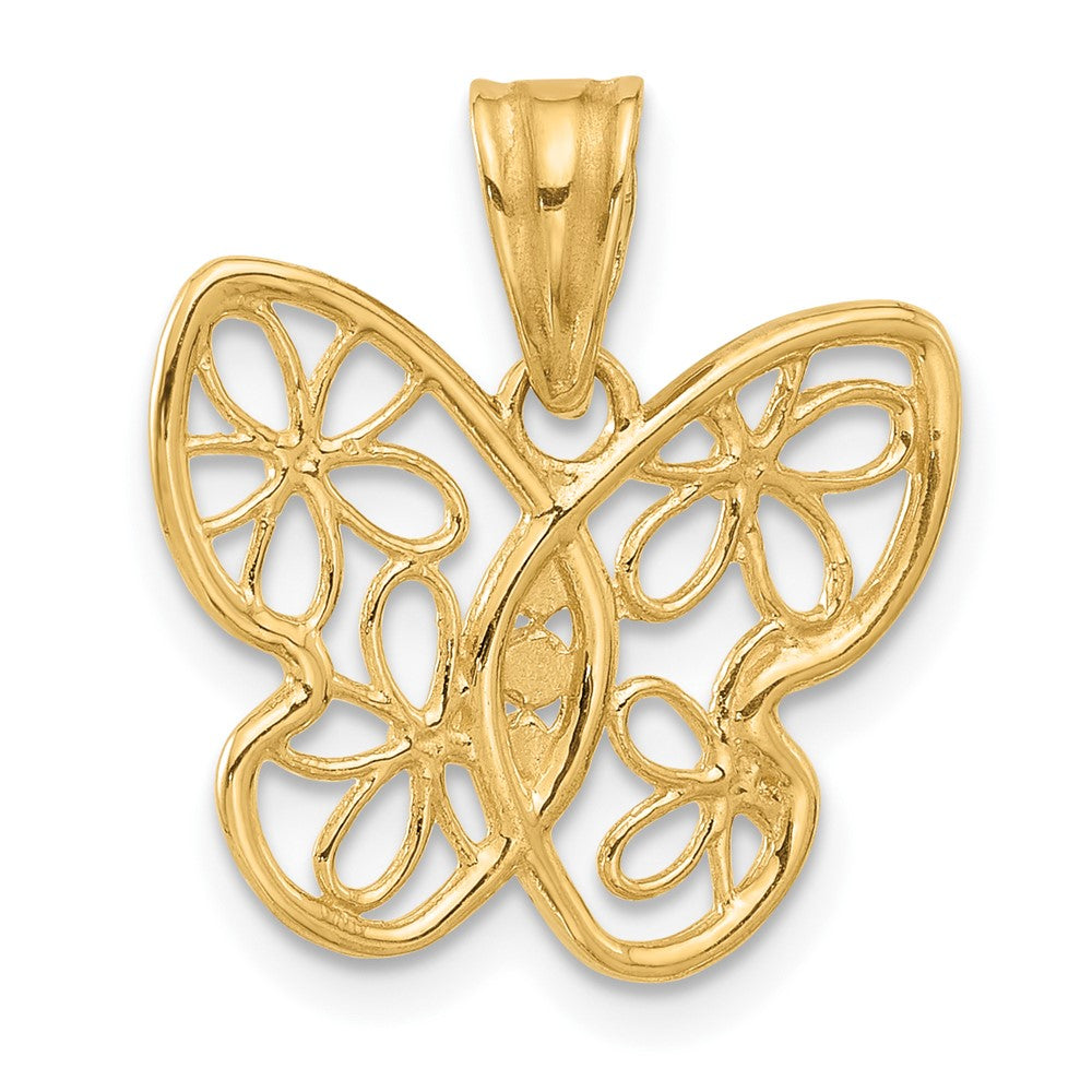 14K Yellow & Rhodium and White Rhodium Polished and D/c Flower Butterfly Pendant