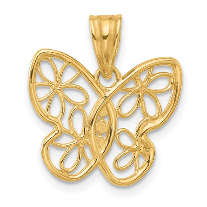 14K Yellow & Rhodium and White Rhodium Polished and D/c Flower Butterfly Pendant