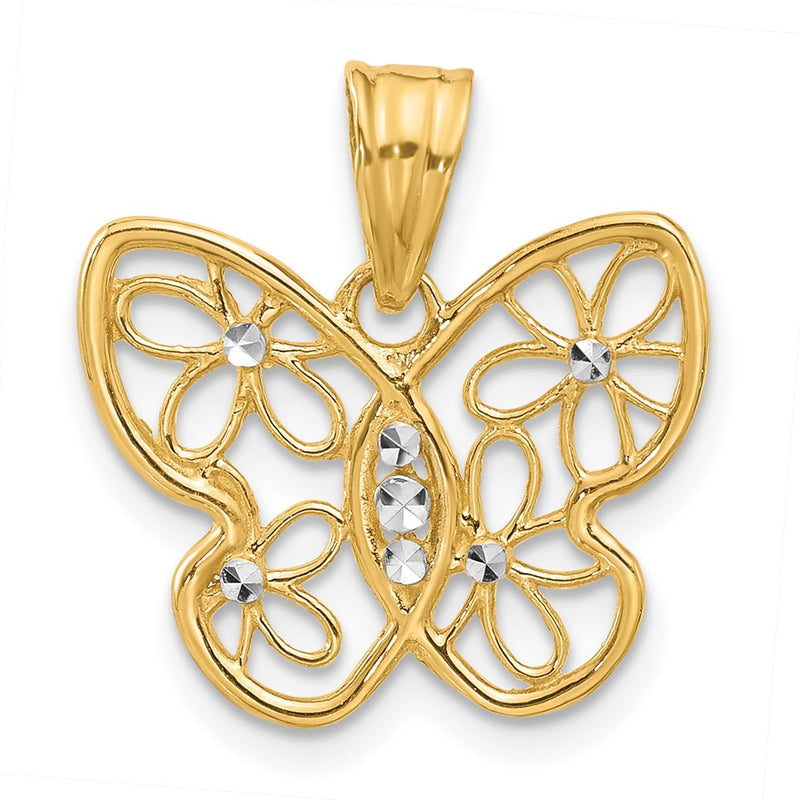 14K Yellow & Rhodium and White Rhodium Polished and D/c Flower Butterfly Pendant
