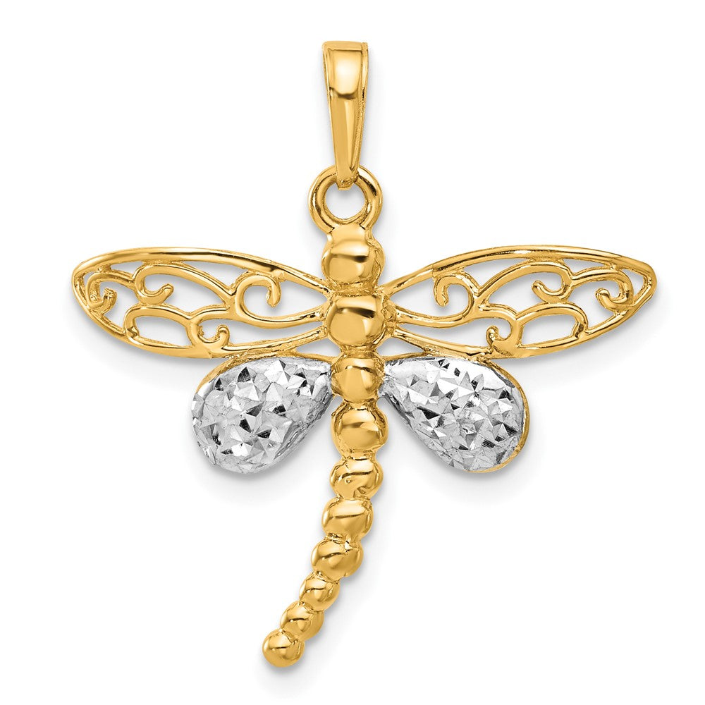 14K Yellow & Rhodium and White Rhodium Polished and D/c Dragonfly Pendant