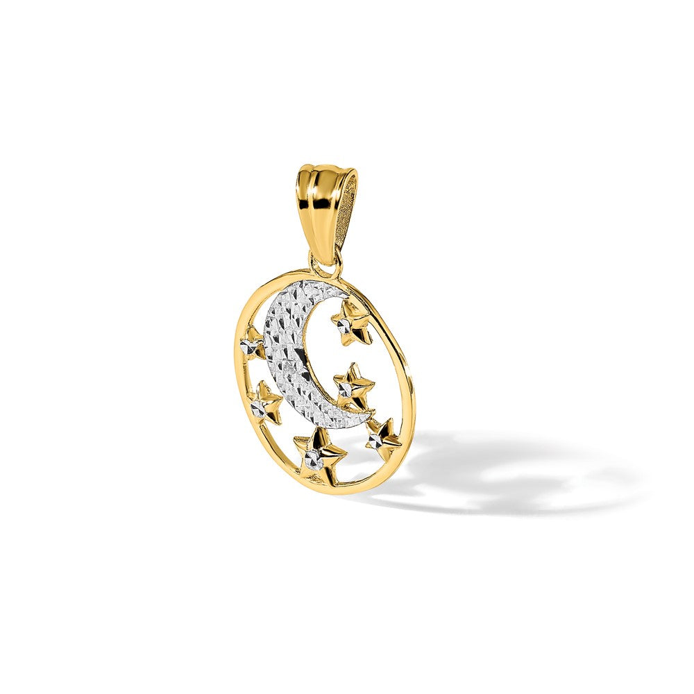 14K Yellow & Rhodium and White Rhodium D/c Moon and Stars Pendant