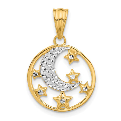 14K Yellow & Rhodium and White Rhodium D/c Moon and Stars Pendant