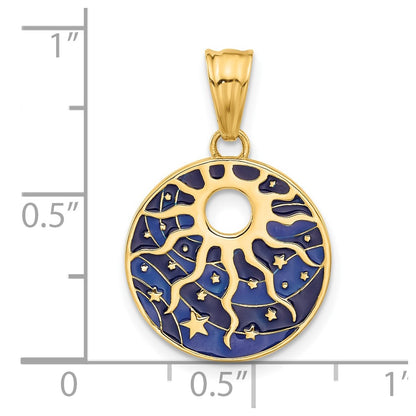 14K Yellow Gold Polished Enameled Sun and Stars Pendant