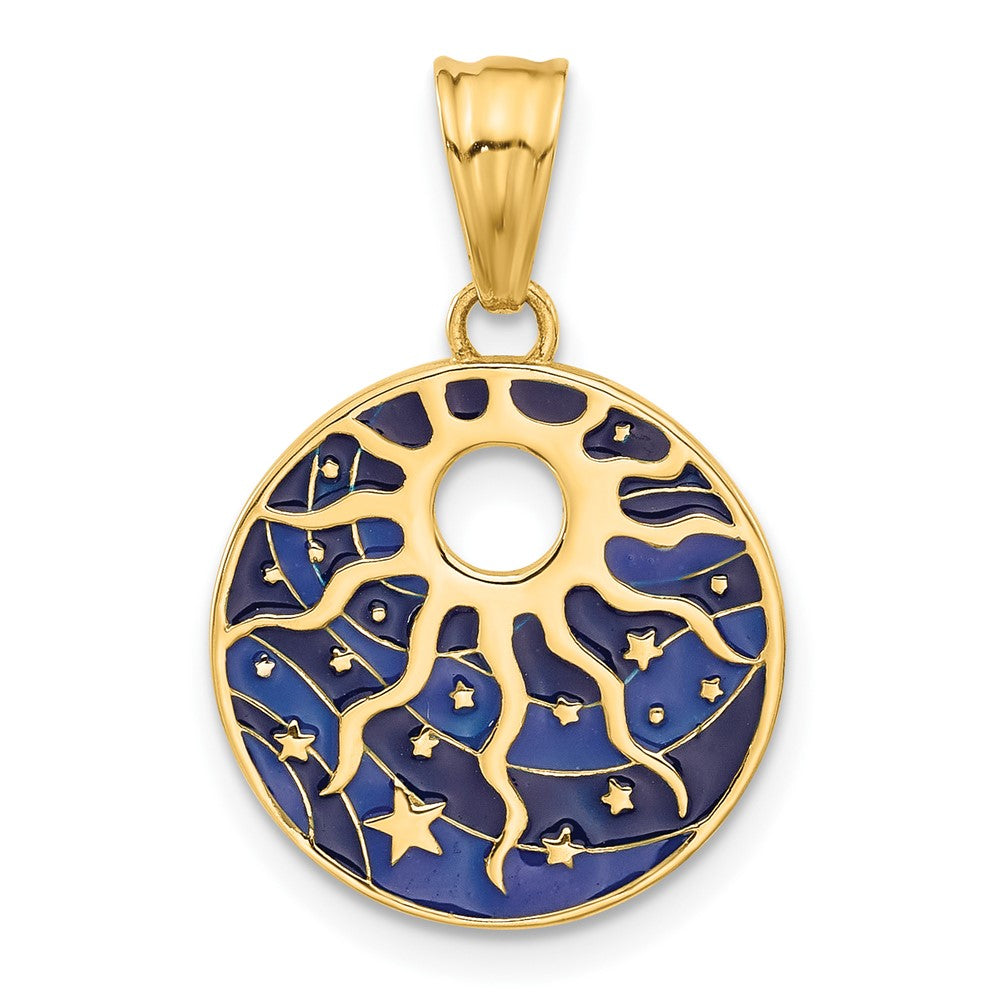 14K Yellow Gold Polished Enameled Sun and Stars Pendant