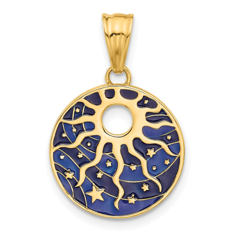 14K Yellow Gold Polished Enameled Sun and Stars Pendant