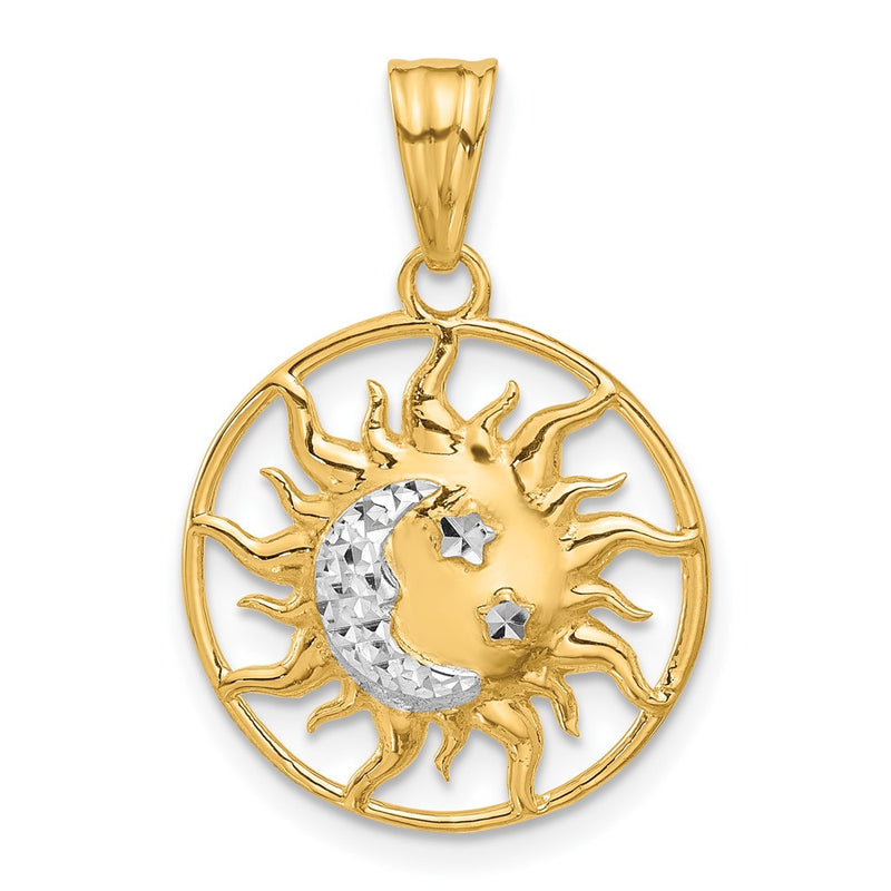 14K Yellow & Rhodium and White Rhodium D/c Sun Moon Stars Pendant