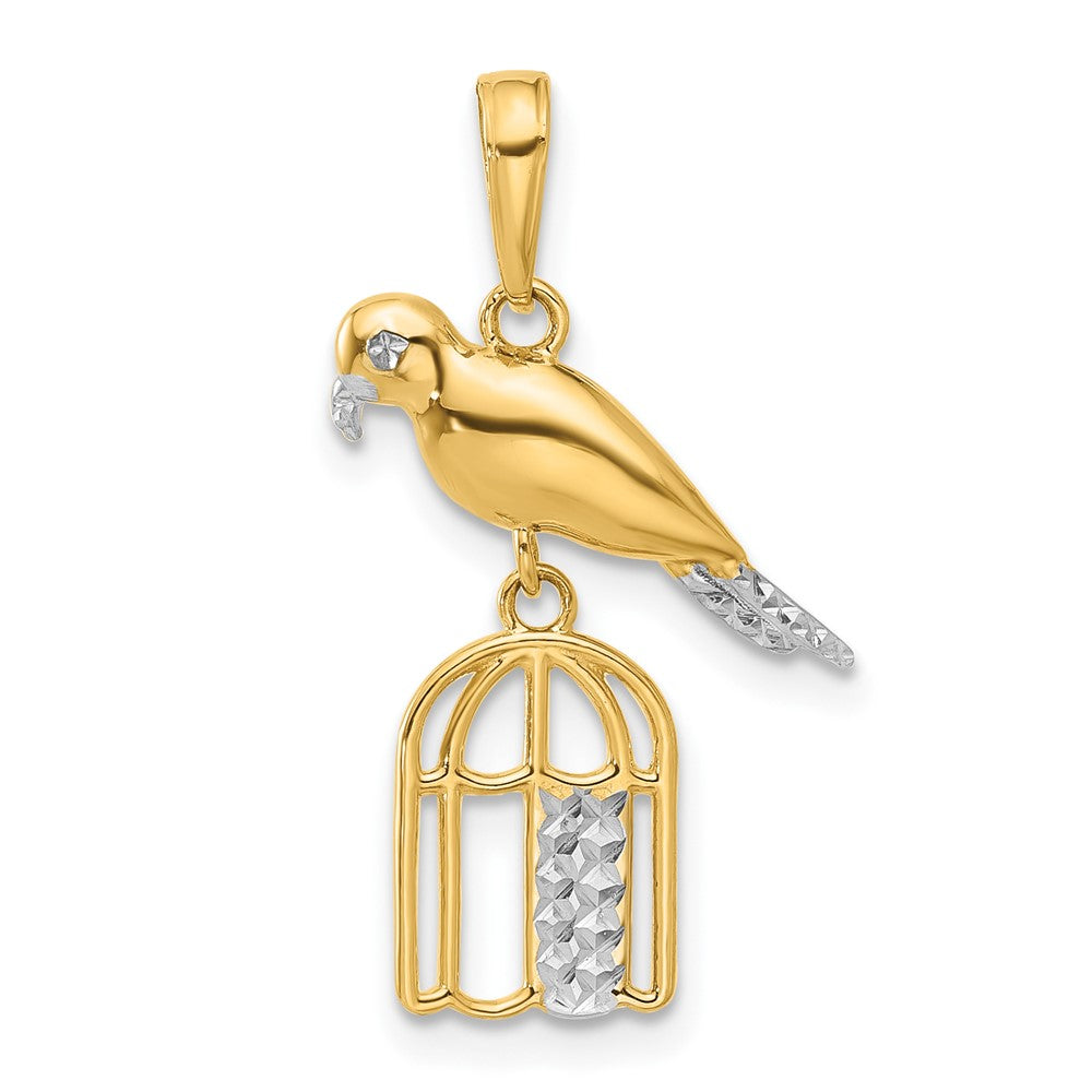 14K Yellow & Rhodium and White Rhodium D/c Bird on Bird Cage Pendant