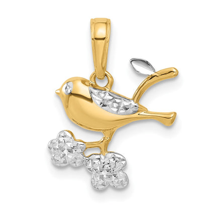 14K Yellow & Rhodium and White Rhodium D/c Bird on Branch Pendant
