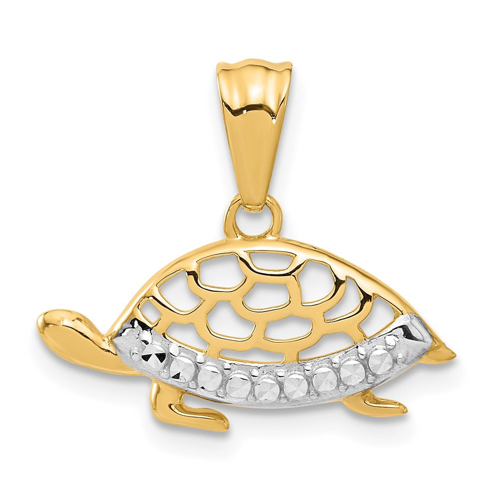 14K Yellow & Rhodium with White Rhodium Diamond Cut Turtle Pendant