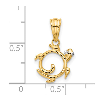 14K Yellow & Rhodium with White Rhodium Diamond Cut Swirl Turtle Pendant