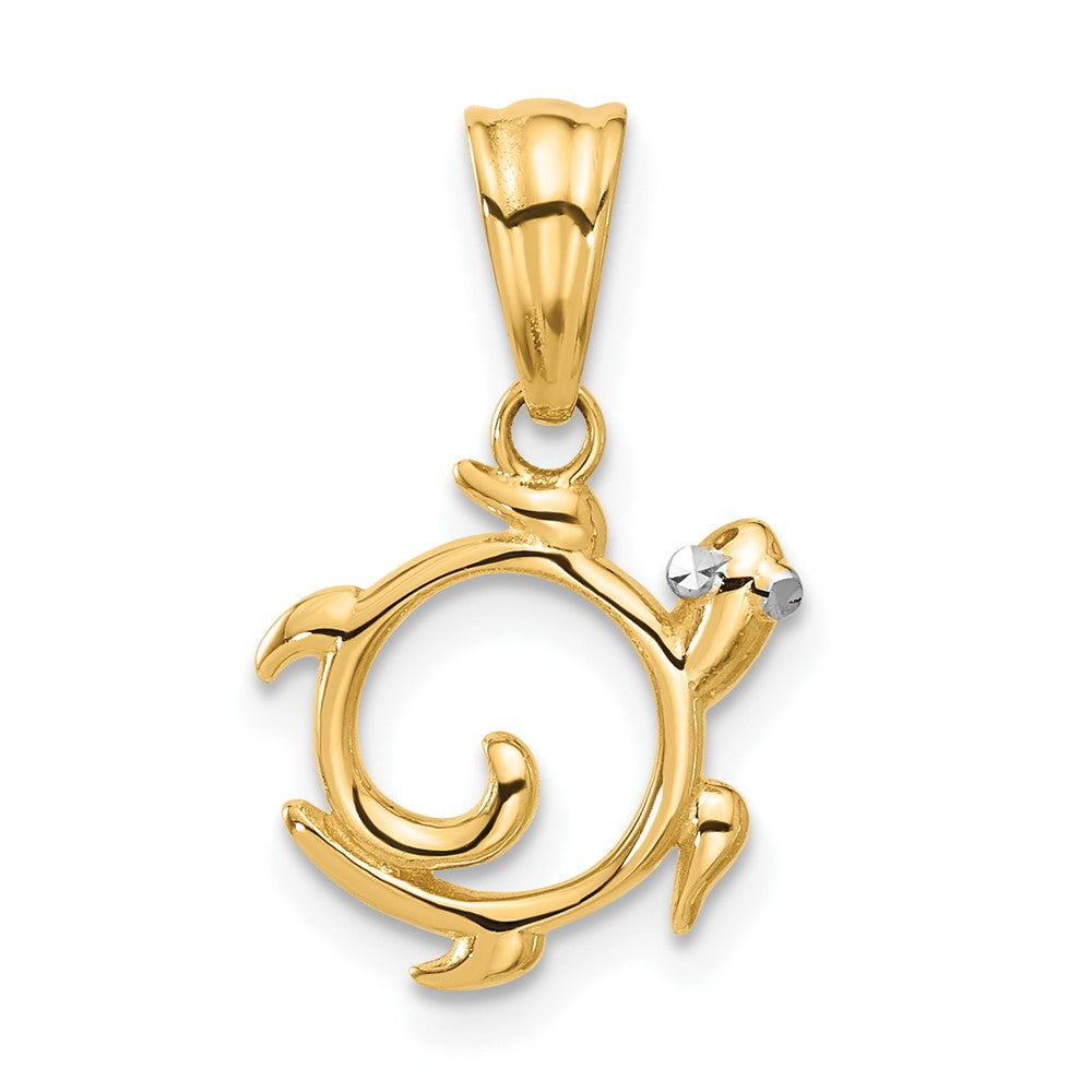 14K Yellow & Rhodium with White Rhodium Diamond Cut Swirl Turtle Pendant