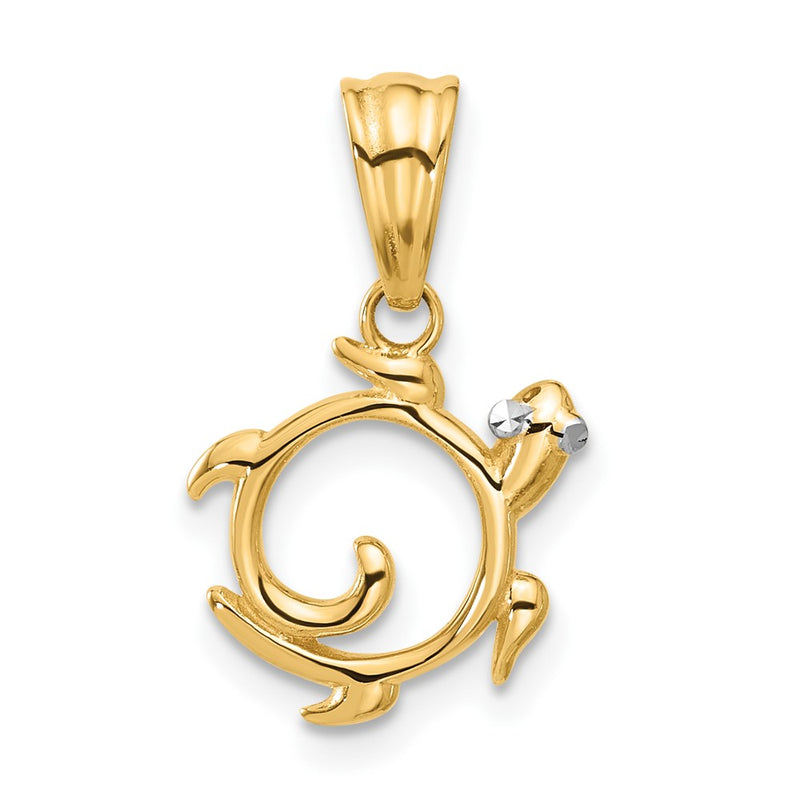 14K Yellow & Rhodium with White Rhodium Diamond Cut Swirl Turtle Pendant