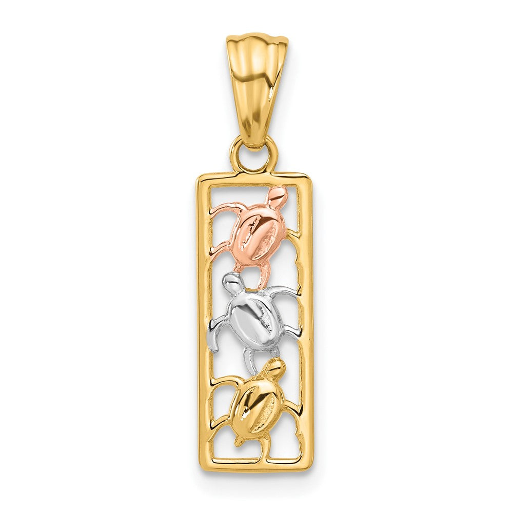14K Two-Tone with White Rhodium Polished Turtles Rectangle Pendant