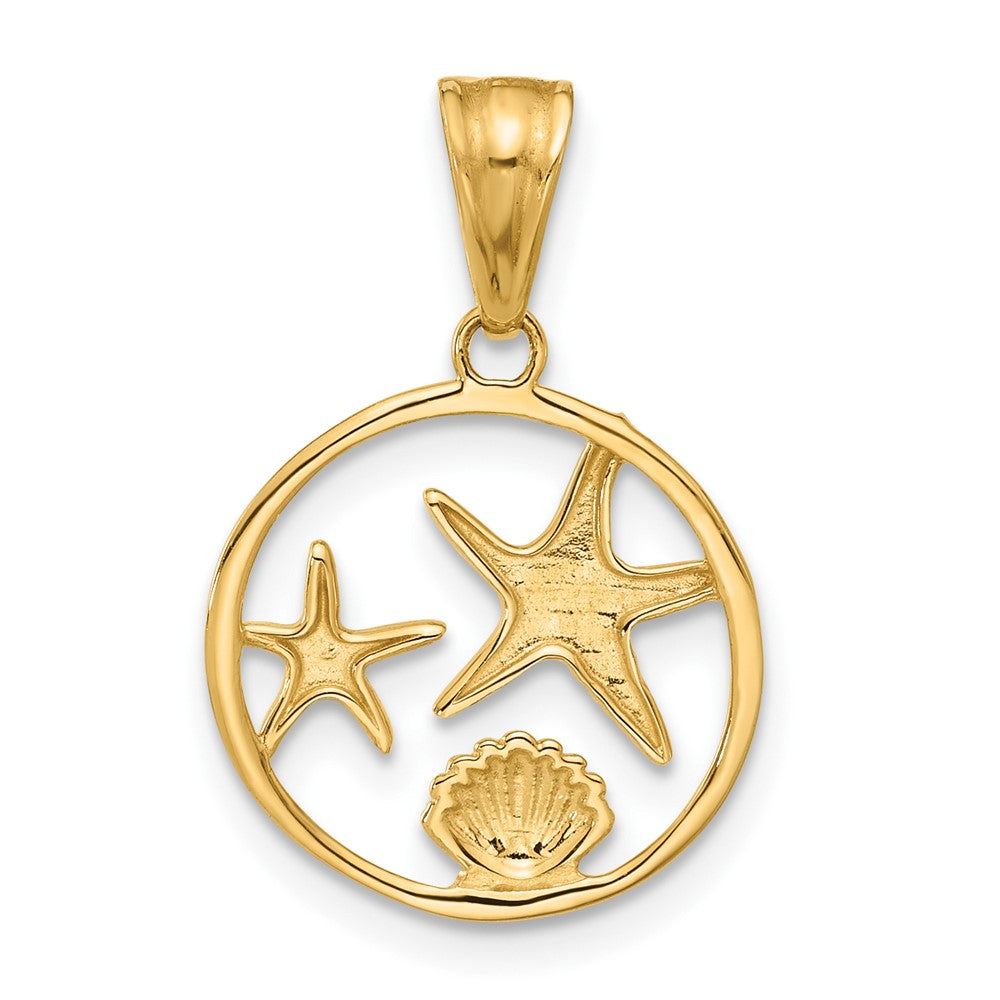 14K Yellow & Rhodium with White Rhodium Diamond Cut Starfish Seashell in Circle Pendant