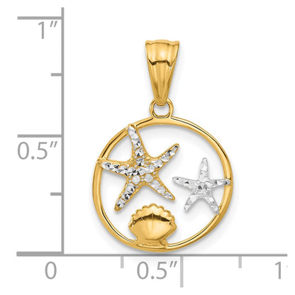 14K Yellow & Rhodium with White Rhodium Diamond Cut Starfish Seashell in Circle Pendant