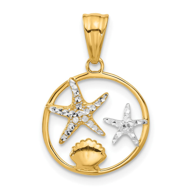 14K Yellow & Rhodium with White Rhodium Diamond Cut Starfish Seashell in Circle Pendant
