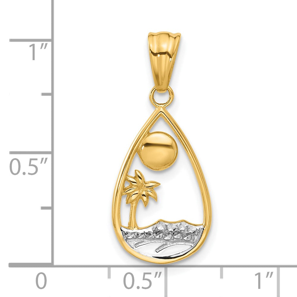 14K Yellow & Rhodium with White Rhodium Diamond Cut Ocean Scene Teardrop Pendant