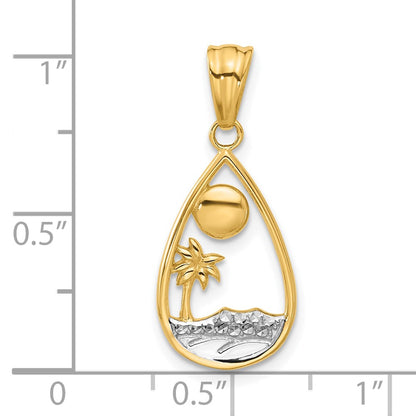 14K Yellow & Rhodium with White Rhodium Diamond Cut Ocean Scene Teardrop Pendant