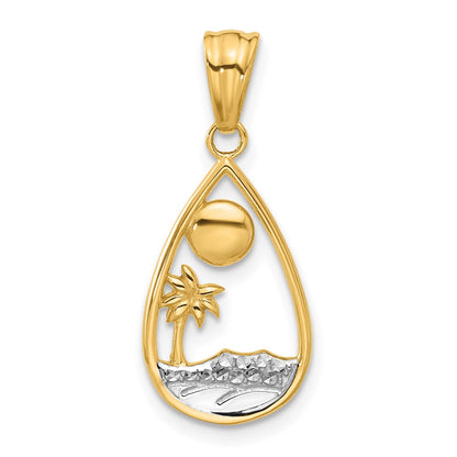 14K Yellow & Rhodium with White Rhodium Diamond Cut Ocean Scene Teardrop Pendant