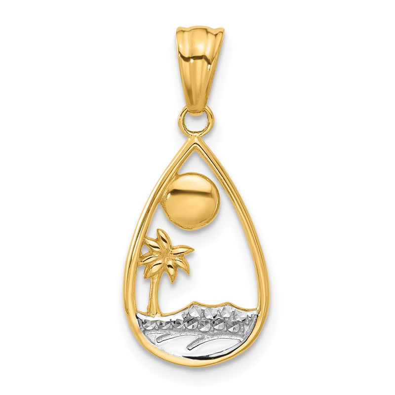 14K Yellow & Rhodium with White Rhodium Diamond Cut Ocean Scene Teardrop Pendant