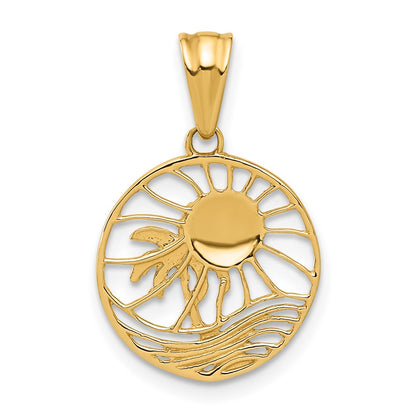 14K Yellow & Rhodium with White Rhodium Ocean and Palm Tree Round Pendant