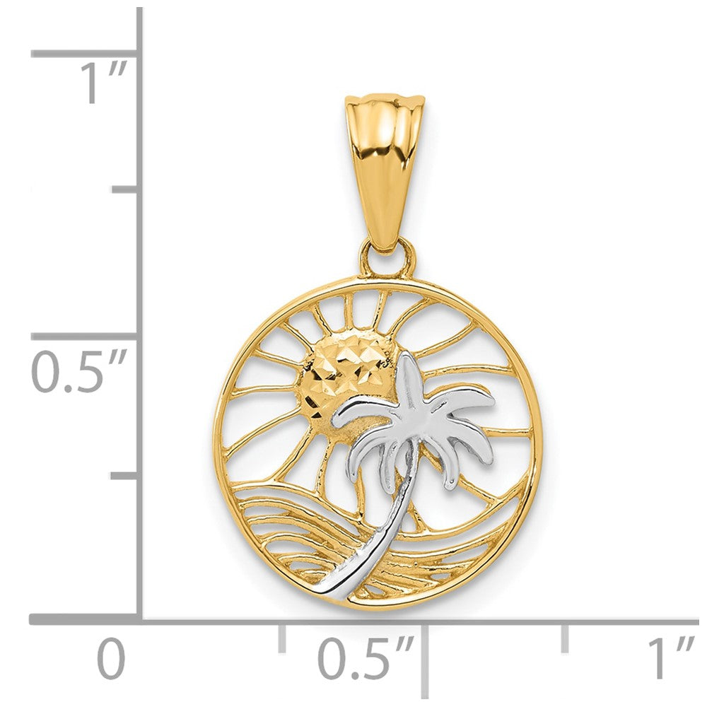 14K Yellow & Rhodium with White Rhodium Ocean and Palm Tree Round Pendant