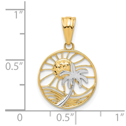 14K Yellow & Rhodium with White Rhodium Ocean and Palm Tree Round Pendant