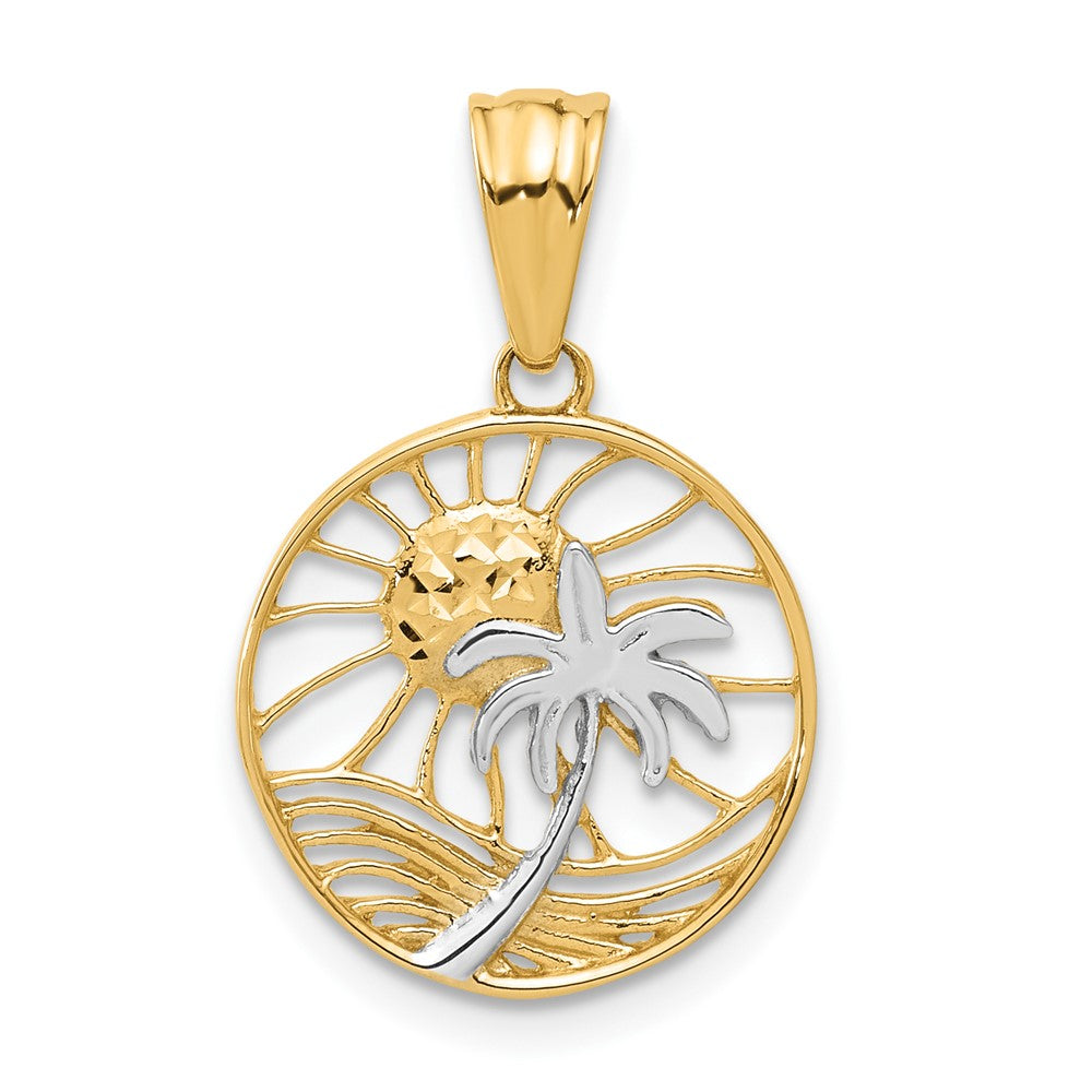 14K Yellow & Rhodium with White Rhodium Ocean and Palm Tree Round Pendant