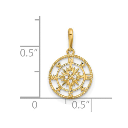 14K Yellow Gold Polished CZ Compass Pendant