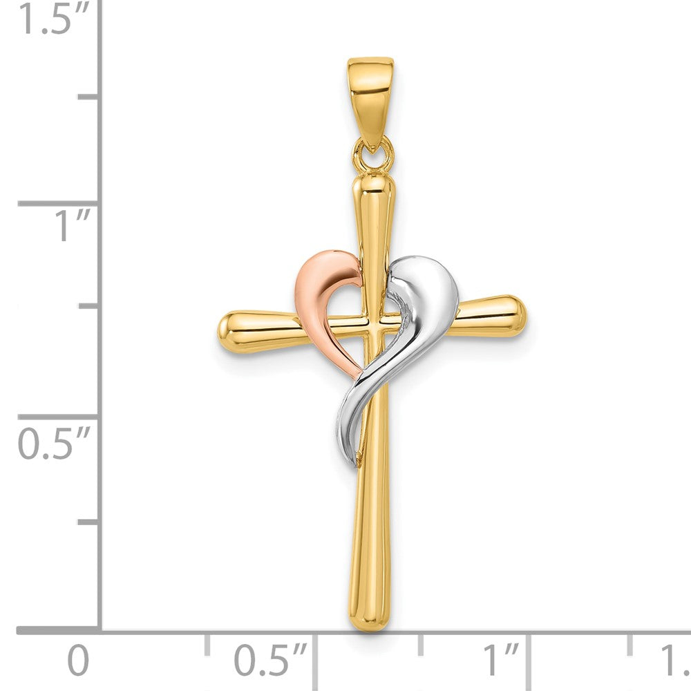 14K Two-Tone with White Rhodium Polished Cross with Heart Pendant